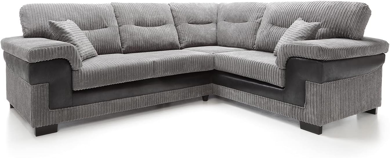 Right Hand Facing Large Corner Sofa - Samson Cord L Shaped Sofas for Living Room with Deep Filled Cushioning | Contemporary Large Chaise Lounge Sofa in Grey | W262XD200cmXH95cm