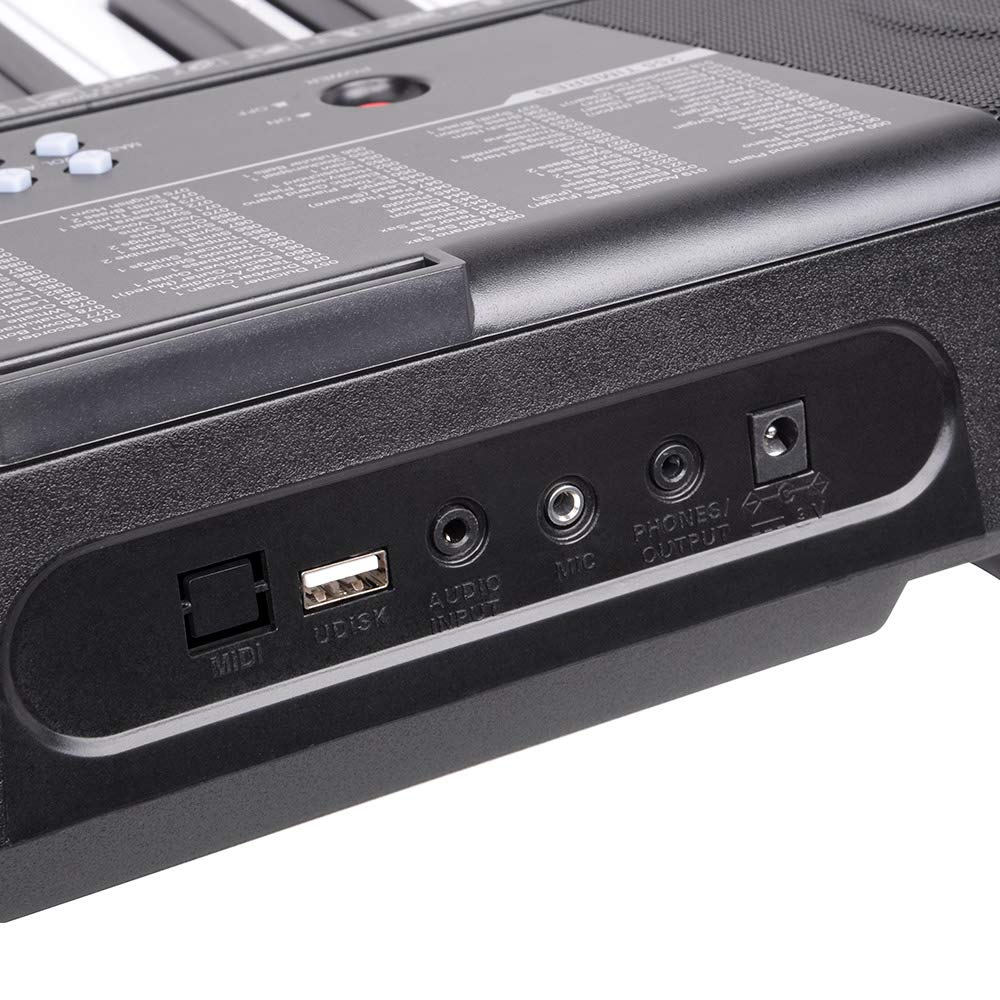 Bakaji Teclado musical piano electrónico 61 teclas piano multifunción con 255 ritmos 50 canciones preestablecidas función percusión entrada USB AUX y atril porta partitura y tablet