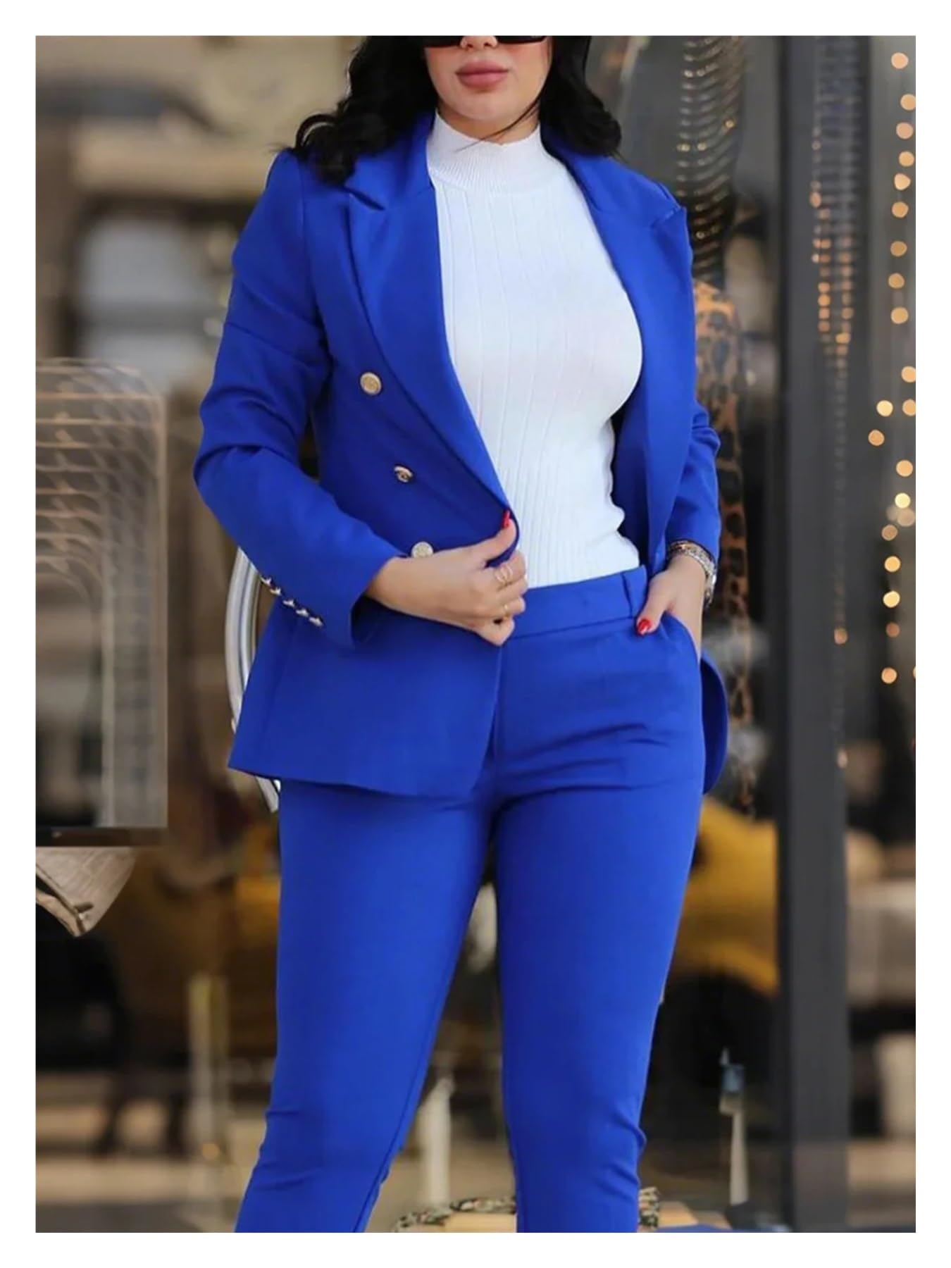 Elegante Conjunto de Dos Piezas for Mujer, con Chaqueta Cruzada Manga Larga Solapa y Pantalones Ajustados Cintura Alta para Negocios, Trabajo, Oficina, Formal