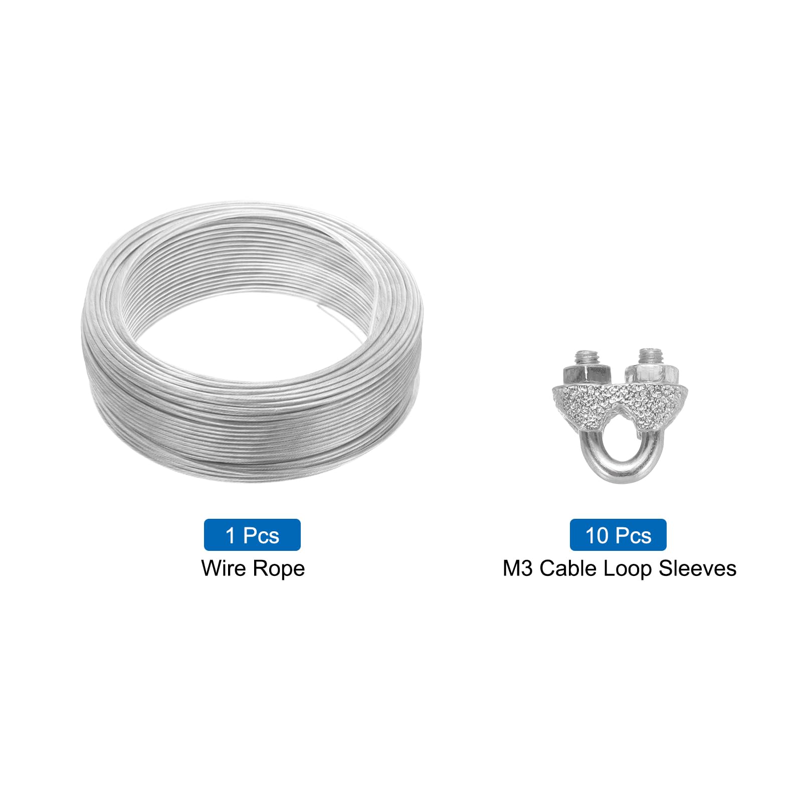 QUARKZMAN 3mm (1/8") Cavo Acciaio Rivestito Trasparente, 100m/328ft Cavo Acciaio Zincato con 10Pz M3 Maniche a Anello Morsetti Stendibiancheria per Appendere Luci Corda, Ringhiere Ponti