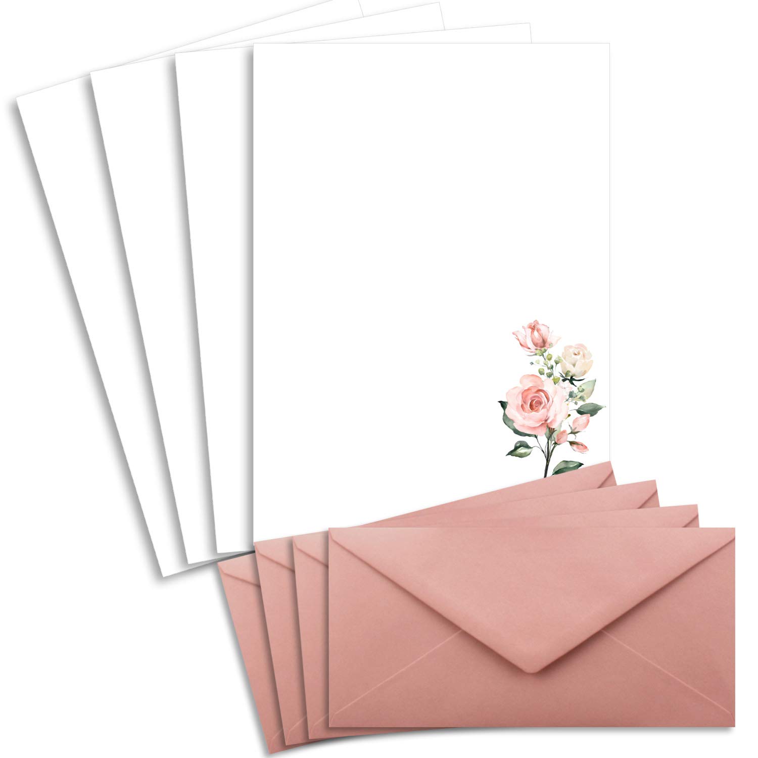 250 juegos de cartas DIN A4 - papel natural en crema con ramas de rosa - con sobres DIN largo en papelería rosa antiguo imprimible, ideal para invitaciones de boda