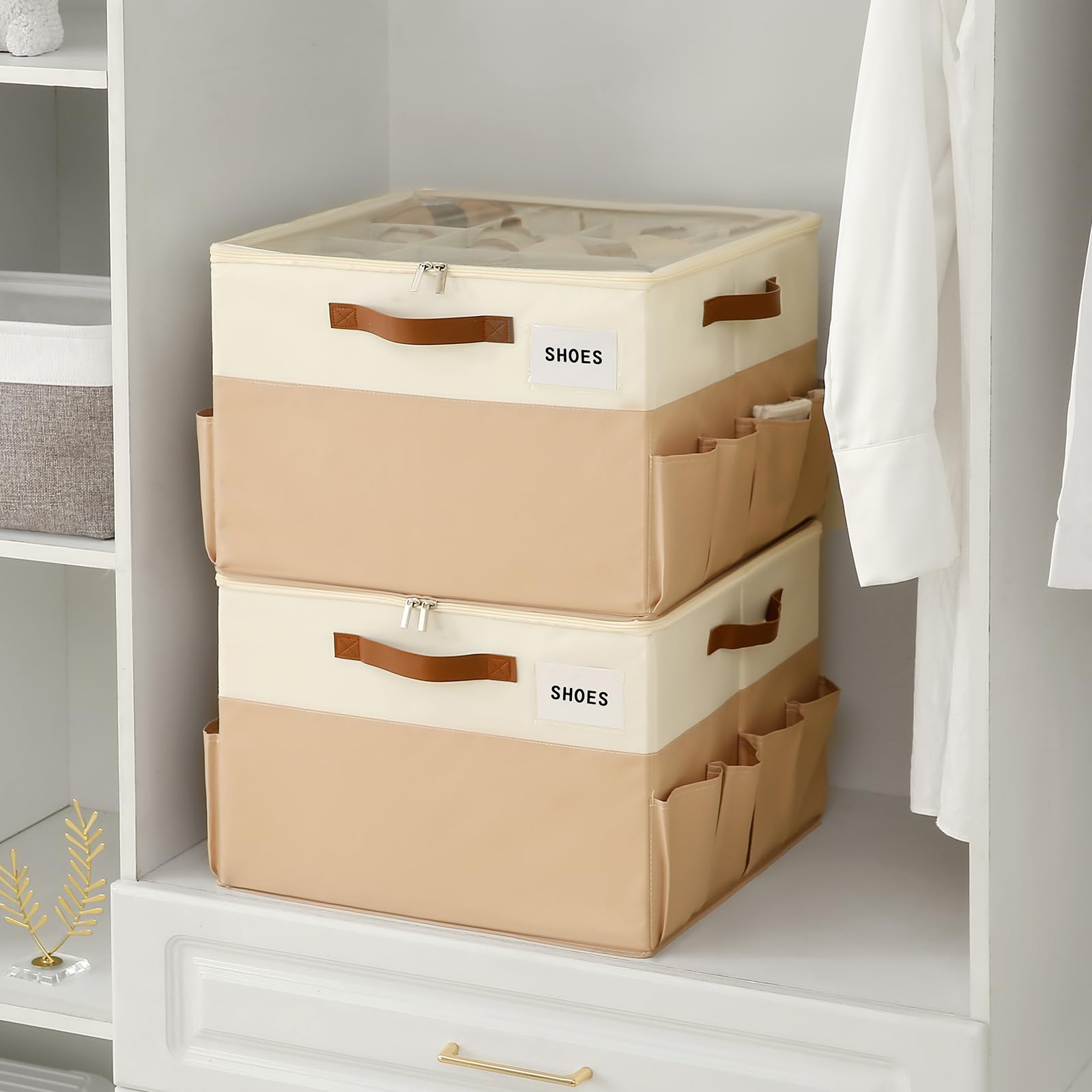 Varhomax Scatola organizer per scarpe, confezione da 2, in tessuto, con divisori regolabili e copertura trasparente, può contenere fino a 16-32 paia di scarpe da ginnastica e sandali per ingresso