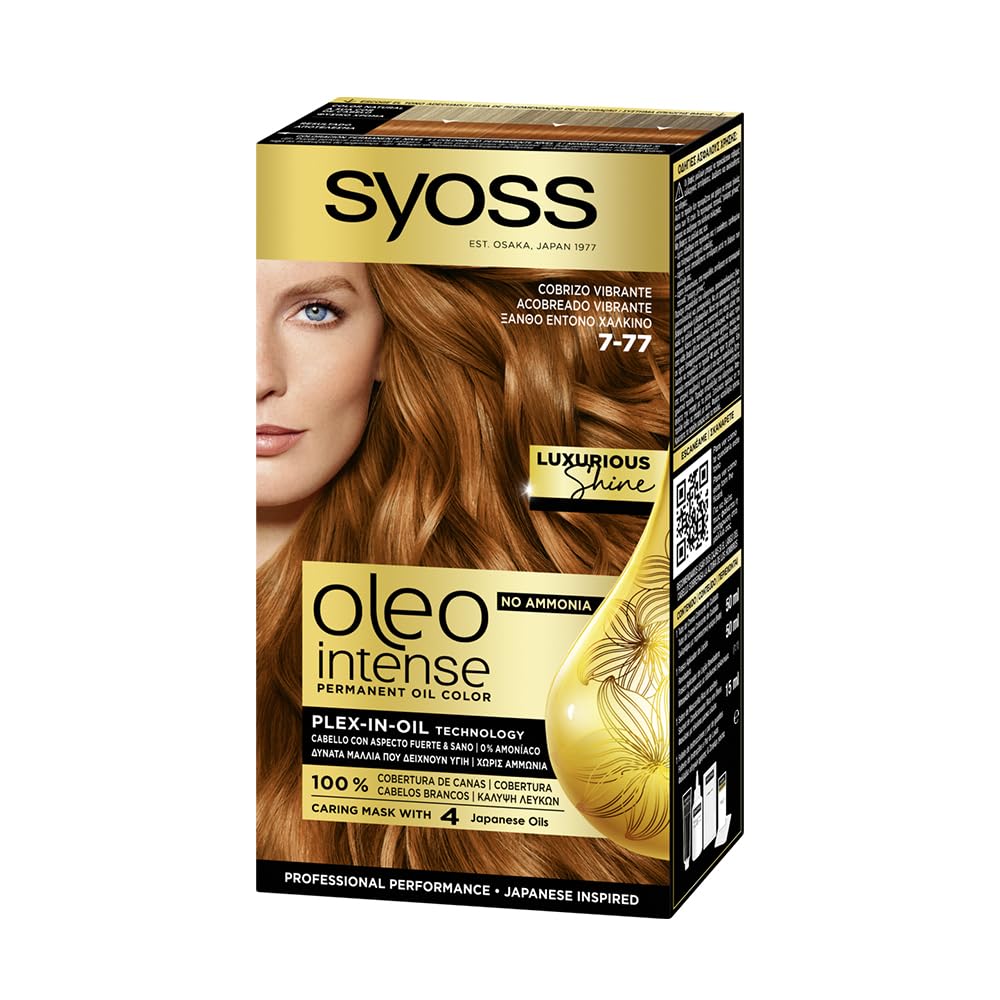 Syoss Oleo Intense Tone 7-77 Vibrant Copper - Ammonia-Free Permanent Hair Color - Salon Results - Professional Gray Coverage