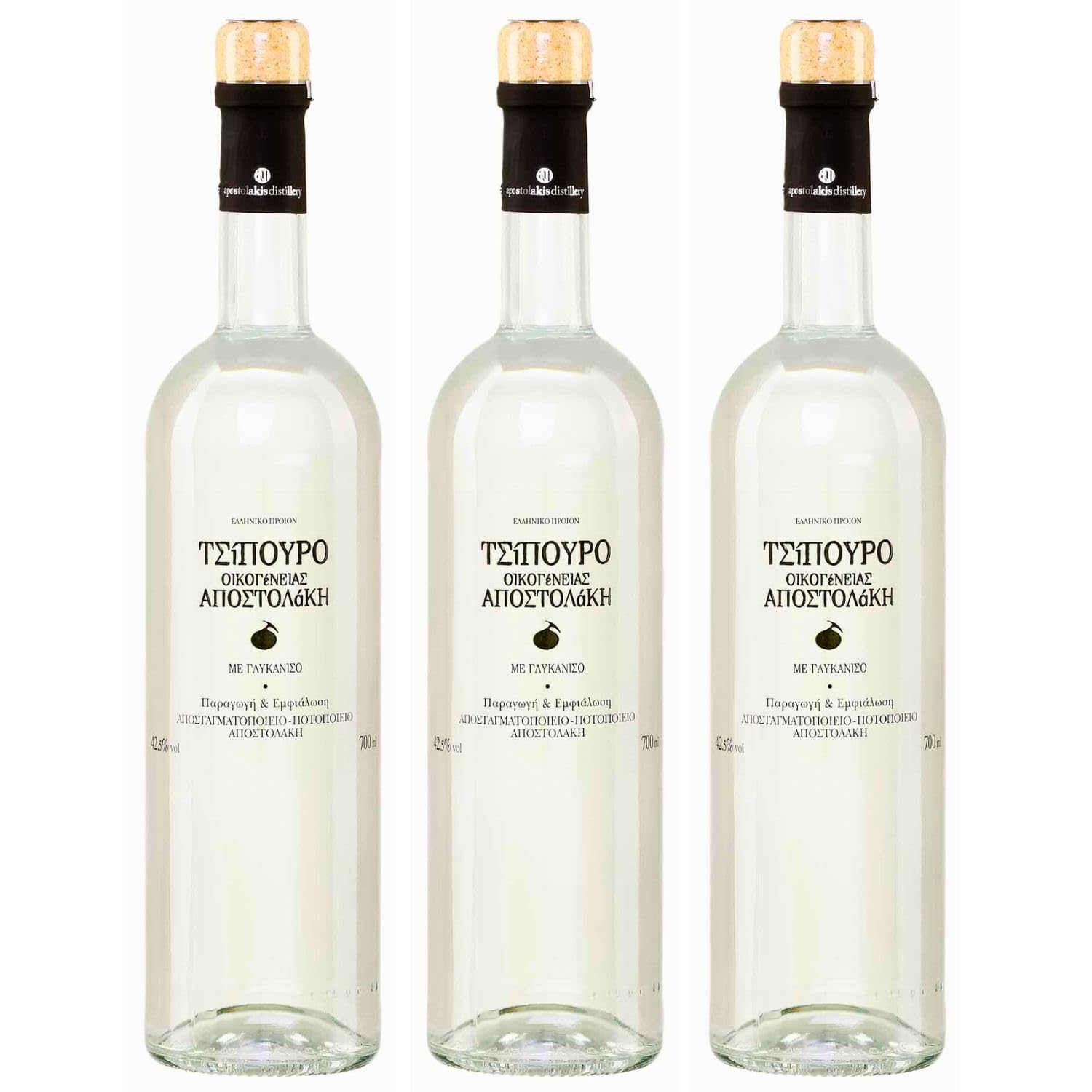 Tsipouro Apostolakis mit Anis 3x 0,7l | 42,5% Vol. | Der besonders milde Tsipouro | Griechischer Tresterbrand | + 20ml Jassas Olivenöl