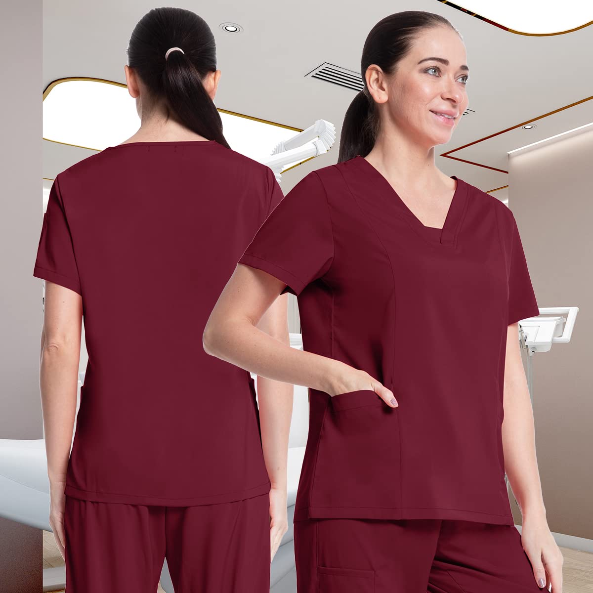 niaahinn Hospital Scrubs Top with Exquisite V-neck & Multifunctional Pocket Nursing Scrubs for Women & Men (Burgundy,XXL,XX-Large)
