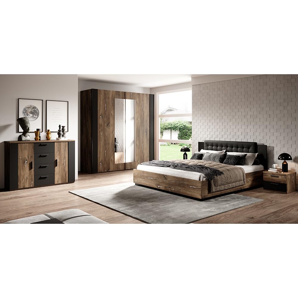 Lomadox Schlafzimmer komplett Set inkl. Bett und Lattenrost, Liegefläche 160 x 200 cm in Flagstaf Eiche dunkel Nb. und Silber, kombiniert mit schwarz