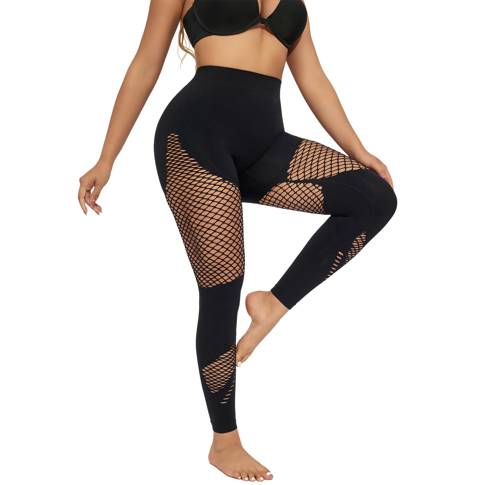 BampooPanPa Women's Fishnet Seamless Tights High Waisted Tummy Control Workout Leggings Pants (Small, Black)
