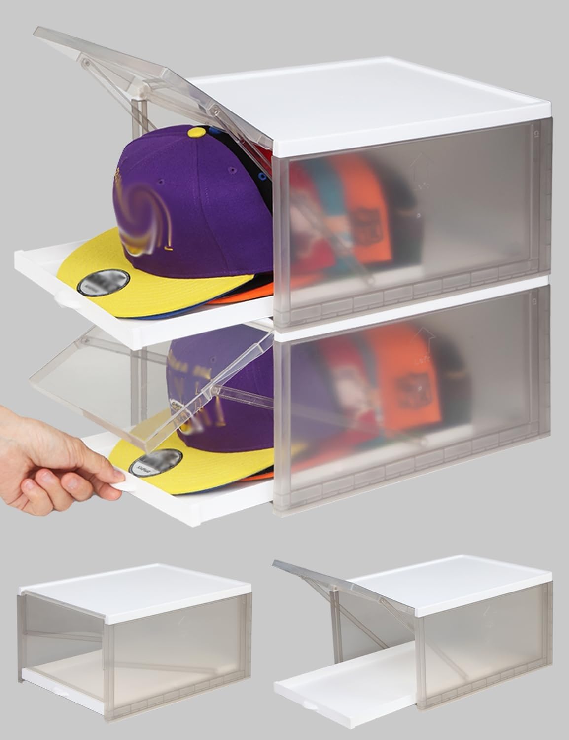 THE WHITE SHOP 3 PCS Hat Storage Box, Baseball Caps Box with Sliding Tray, Stackable Clear Hat Storage Holder Display Boxes Containers for Hats Perfect For Home Use
