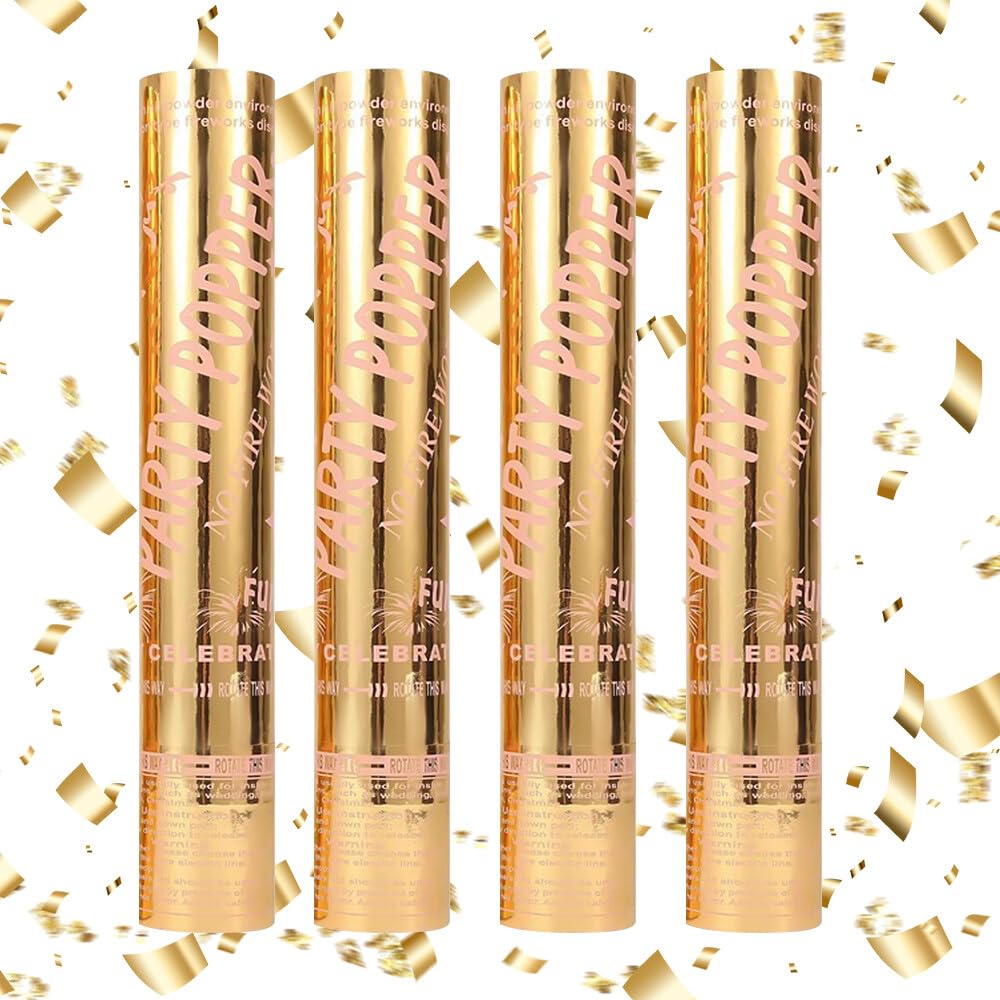 HOVCEH Cañón de confeti dorado para fiesta, 4 cañones de confeti biodegradables, color dorado, para fiesta de carnaval, 30 cm, cañones de confeti grandes, ideales para cumpleaños, fiestas y bodas