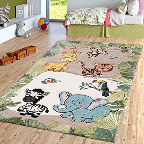 TT Home Tapis pour Enfant Chambre d'enfant Jungle Animaux Girafe Lion Singe Zèbre Beige Crème Cover