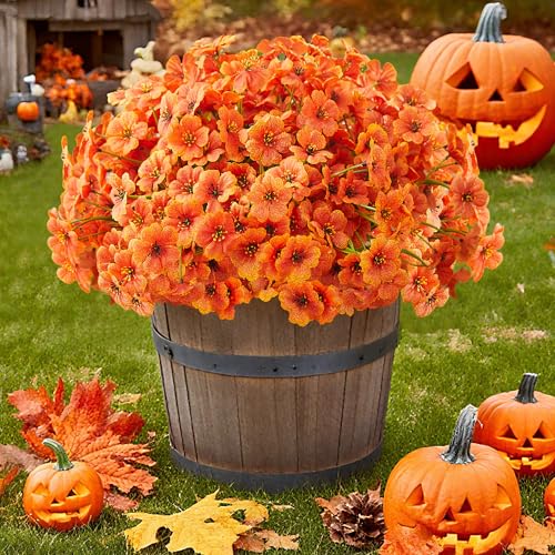 Sahoottie 16 Bundles Orange Artificial Flowers for Outdoors Artificial Mums for Outdoor Porch Window Box Thanksgiving Decor