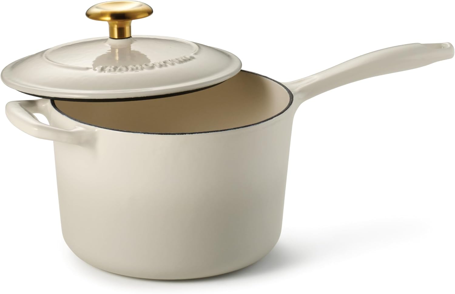 Tramontina Bestow Enameled Cast Iron Sauce Pan with Lid, 2.5-quart, Latte with Gold Knob Sauce Pan (2.5-qt) Latte