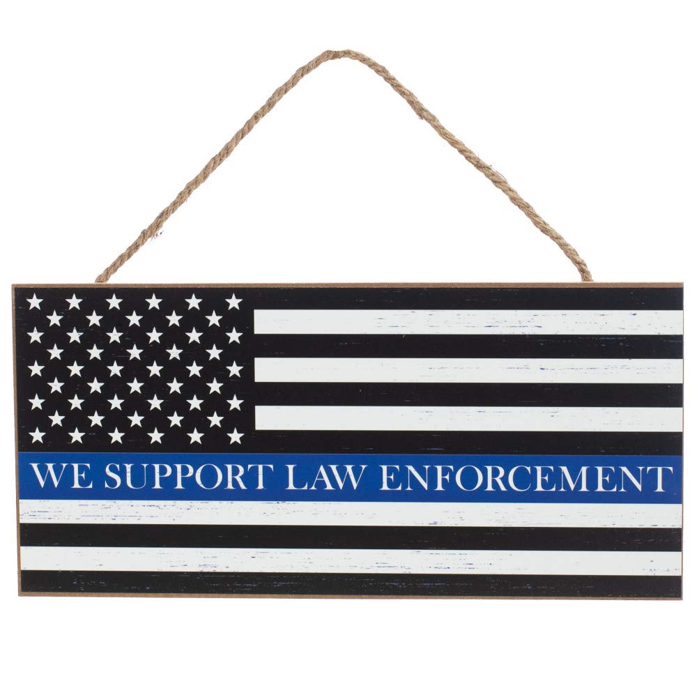 GiftWrap Etc. Support Law Enforcement Wooden Sign - 12.5" x 6", Black, White & Blue American Flag, President's Day, Police Appreciation, Thin Blue Line Awareness, Memorial Day, Wreath, 4th of July