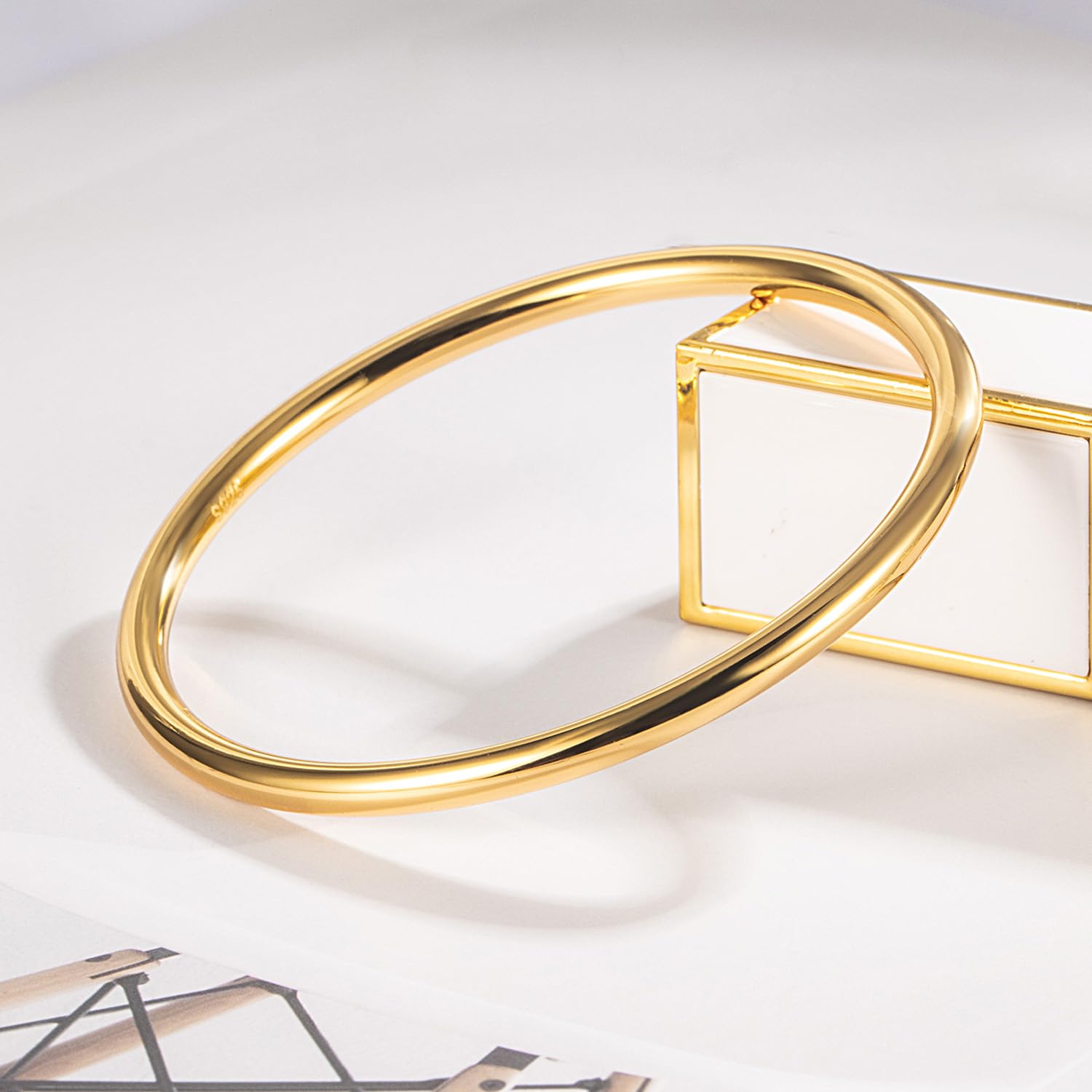 Dankadi Bracciale rigido lucido rotondo largo 4 mm in 925 argento per donna, set bracciale placcato oro liscio semplice classico Φ 60-65-68 mm per regalo di compleanno festa della mamma amica