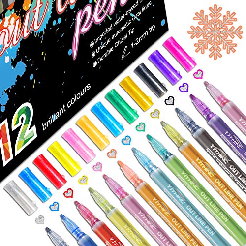 Double Line Outline Pens,YITHINC 12 Colours Outline Pens Fluorescent Glitter Two-Line Pen Permanent Marker Waterproof Pen for Card Making, Birthday Greeting, Scrap Booking,DIY Art Crafts-New Package