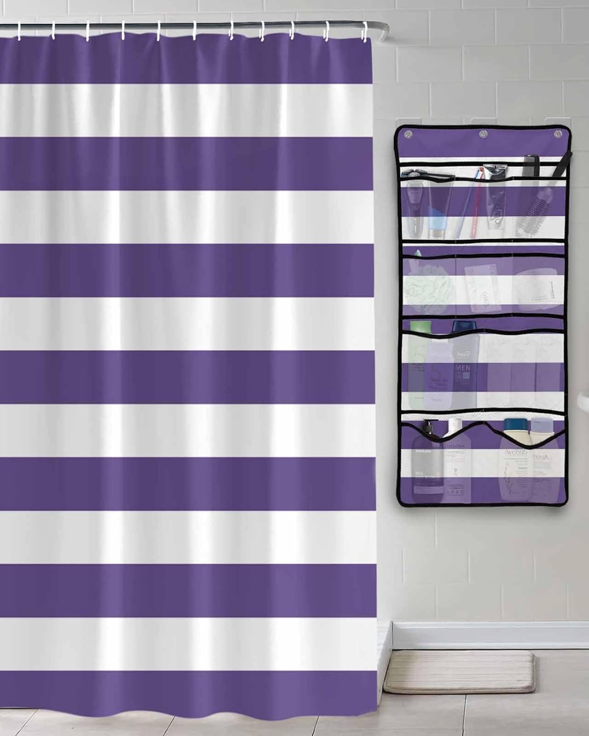 Shower Curtain Mesh Shower Organizer Hanging Set Purple and White Stripes Waterproof Shower Curtains with 10 Pockets Quick