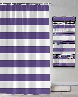 Shower Curtain Mesh Shower Organizer Hanging Set Purple and White Stripes Waterproof Shower Curtains with 10 Pockets Quick