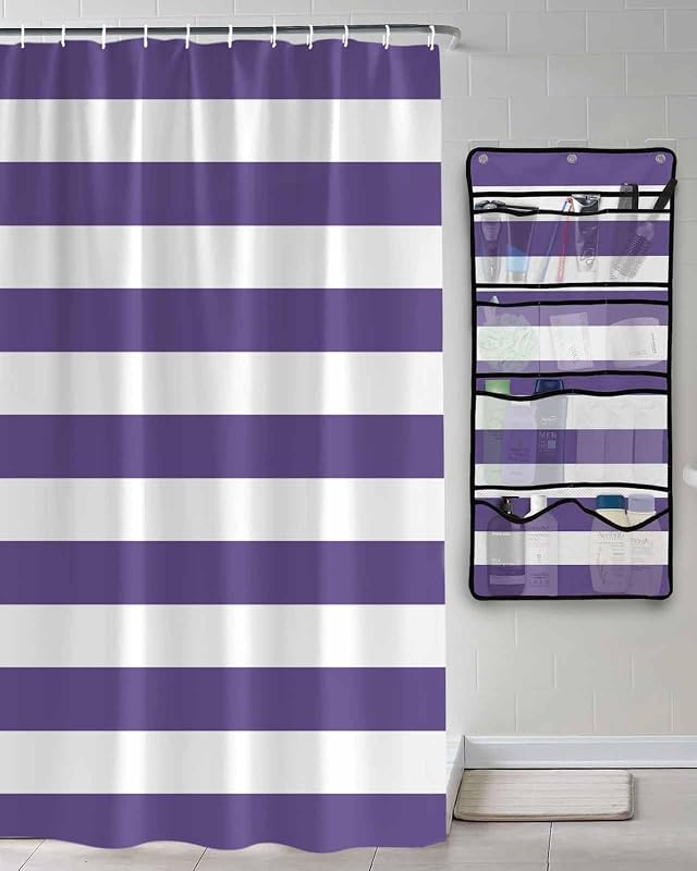 Shower Curtain Mesh Shower Organizer Hanging Set Purple and White Stripes Waterproof Shower Curtains with 10 Pockets Quick