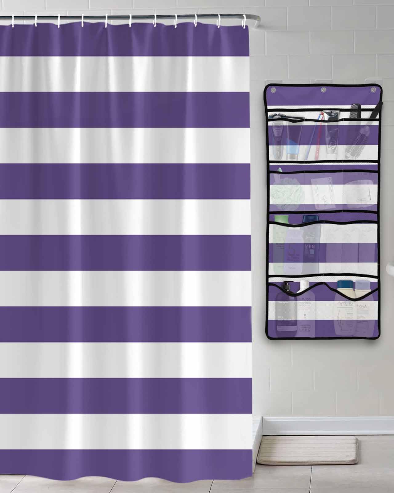 Shower Curtain Mesh Shower Organizer Hanging Set Purple and White Stripes Waterproof Shower Curtains with 10 Pockets Quick