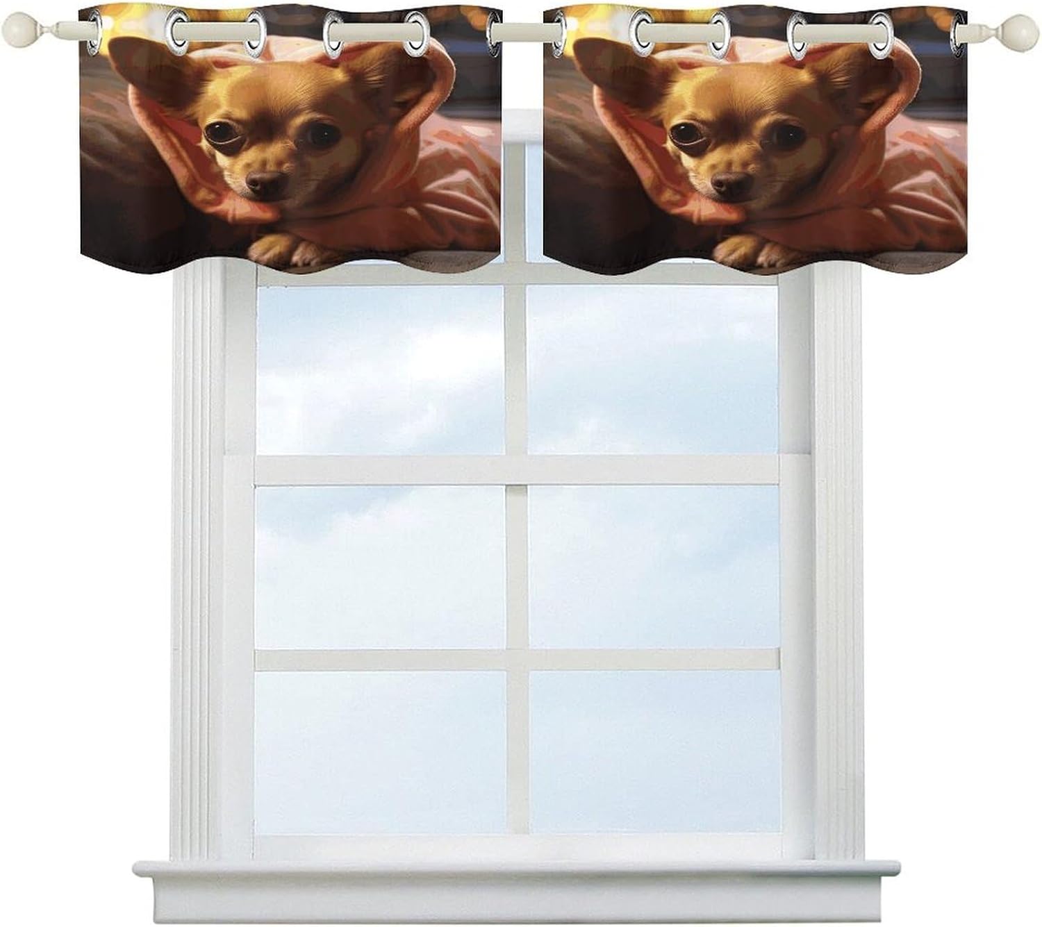 Depressed Chihuahua Curtain 2 Panels, Polyester Fiber, Blackout Insulated Window Curtain, Curtain Valance for Kitchen Dining Room Living Room Cafe Small Window 52 * 18.1 Inches