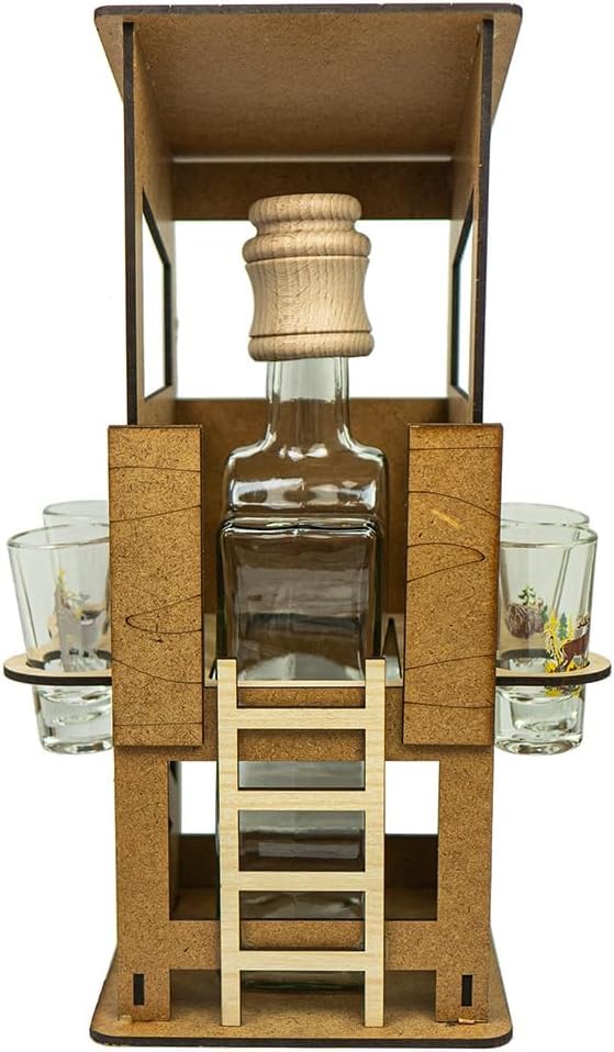 Holz Jagdkanzel mit Karaffe & 6 Gläsern – Geschenkset für Männer | Flaschenhalter für Alkohol | Bar Deko | Whisky Schnaps Likör | Originelles Männergeschenk