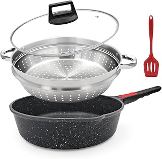 11 Inch Nonstick Frying Pan Skillet with Steamer, 4.5 Qt Deep Sauté Pan with Lid, Toxin-Free Steamer Cookware, Removable Handle, Compatible with All Stoves, Oven Safe, Black