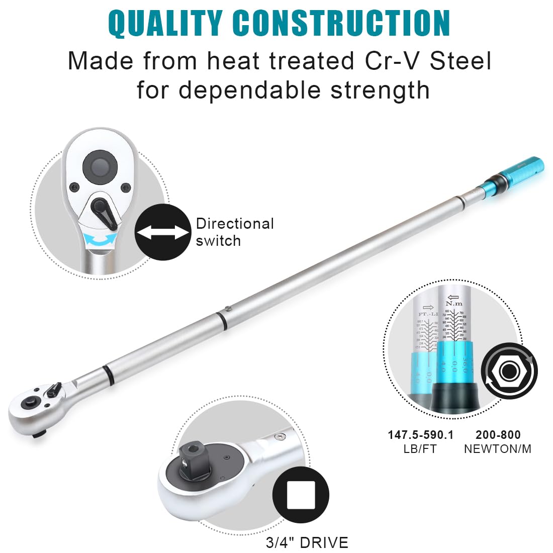 Awang Chiave dinamometrica a scatto da 3/4" Chiave dinamometrica regolabile a doppia direzione 200-800NM, precisione ± 3%