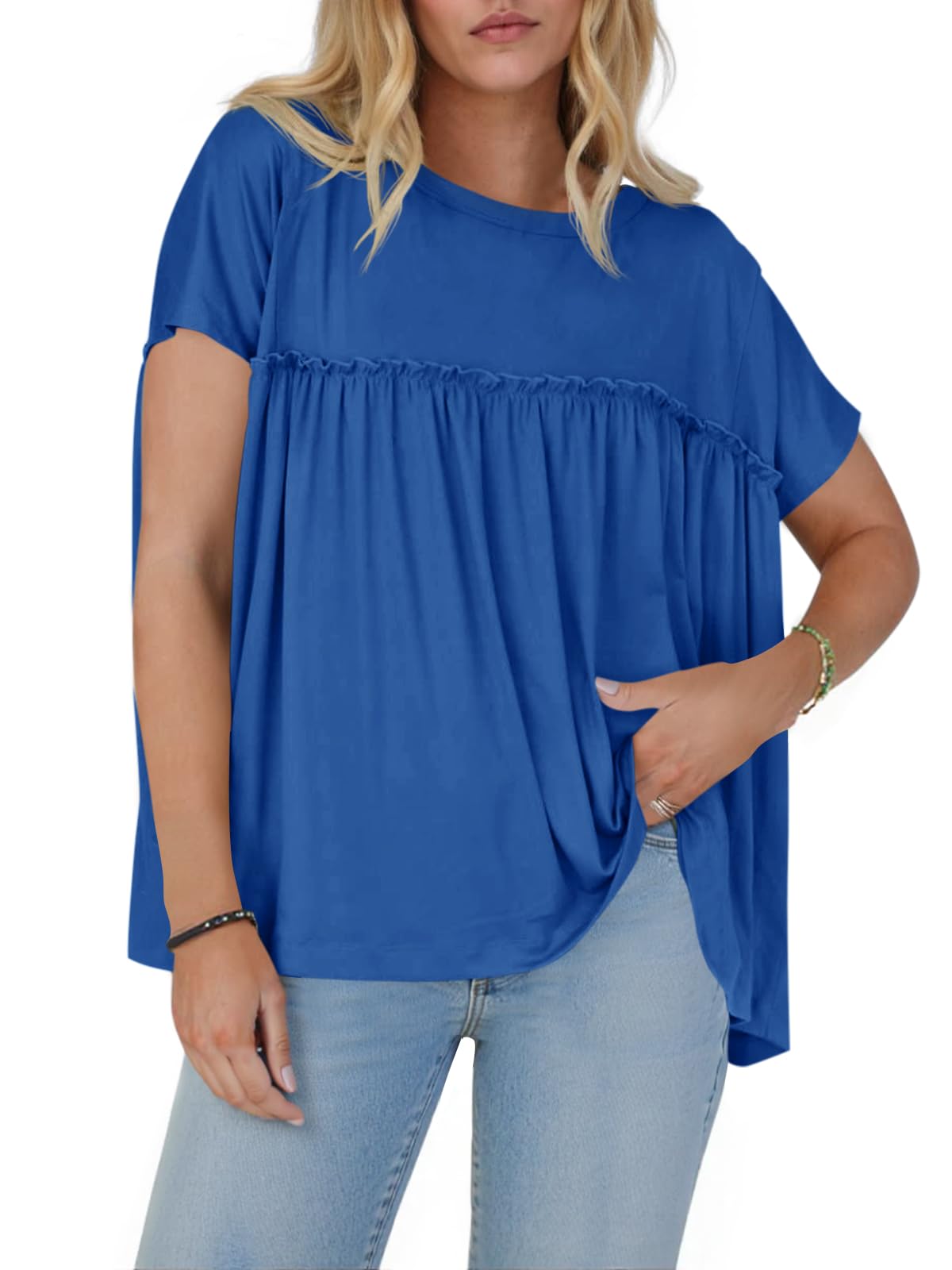 Cicy Bell Babydoll estivo da donna top plissettato manica corta girocollo camicetta peplo casual vestibilità ampia t-shirt