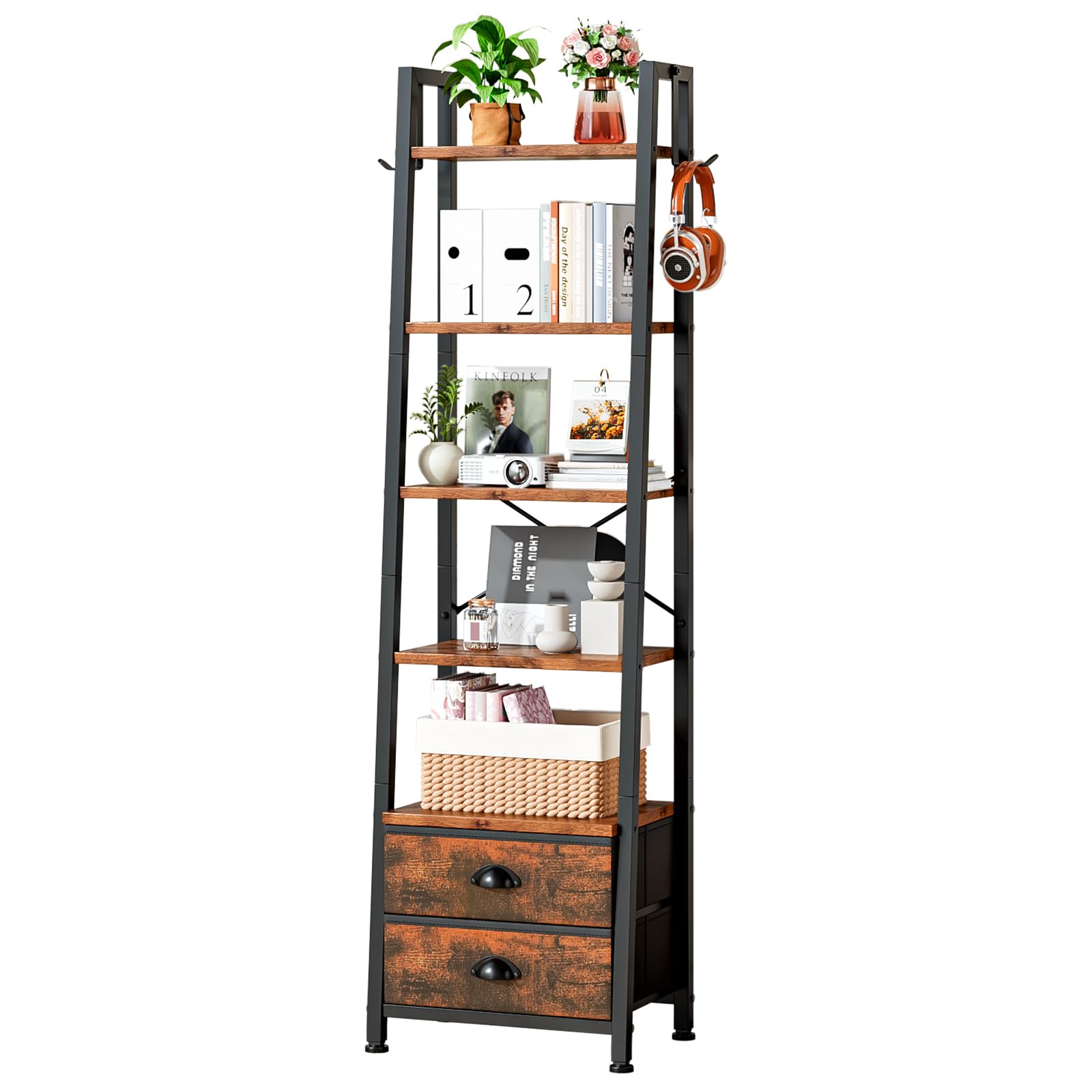 Wooruy 5 Tier Bookshelf with 2 Fabric Drawers,Slim Ladder Shelf,Narrow Bookcases,Freestanding Display Rack for Office Study Living Room Bedroom,15.3" L x 11.4" W x 63.4" H (Rustic Brown)