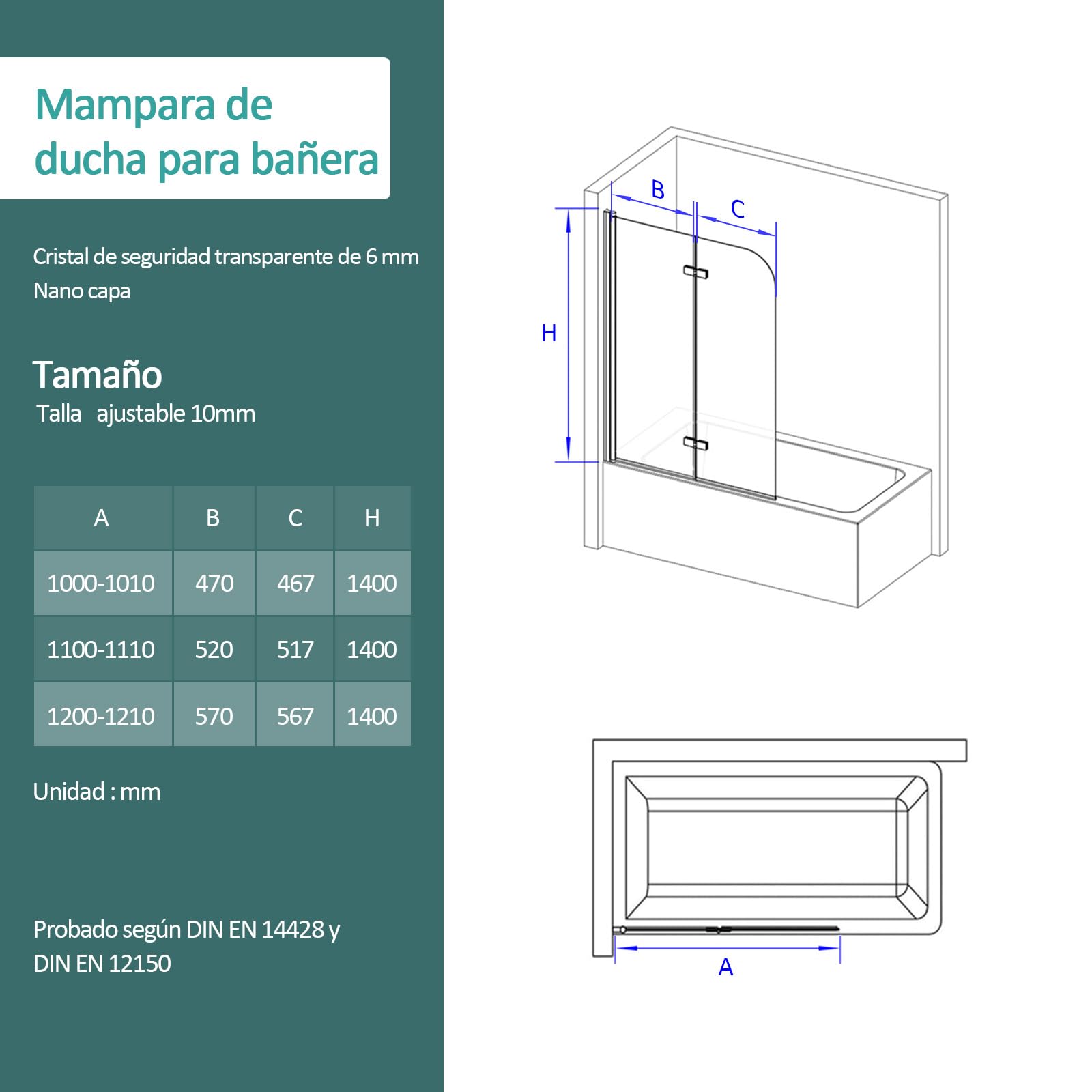 EMKE Mampara de bañera plegable 100x140cm,2 hojas pivotantes, Borde negro | mampara bañera de cristal de seguridad de 6 mm, Giratorio 180°,style industriel,Revestimiento nano fácil de limpiar