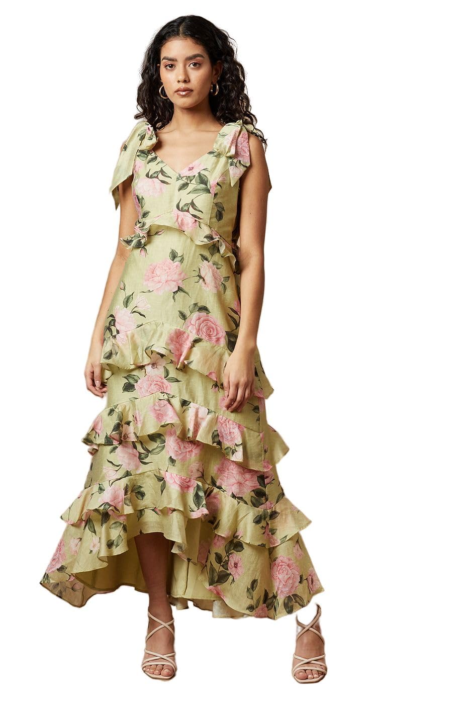 Oasis Women's Sage Petite Floral Printed Tiered Ruffle Tie Shoulder Midi Dress Size 16