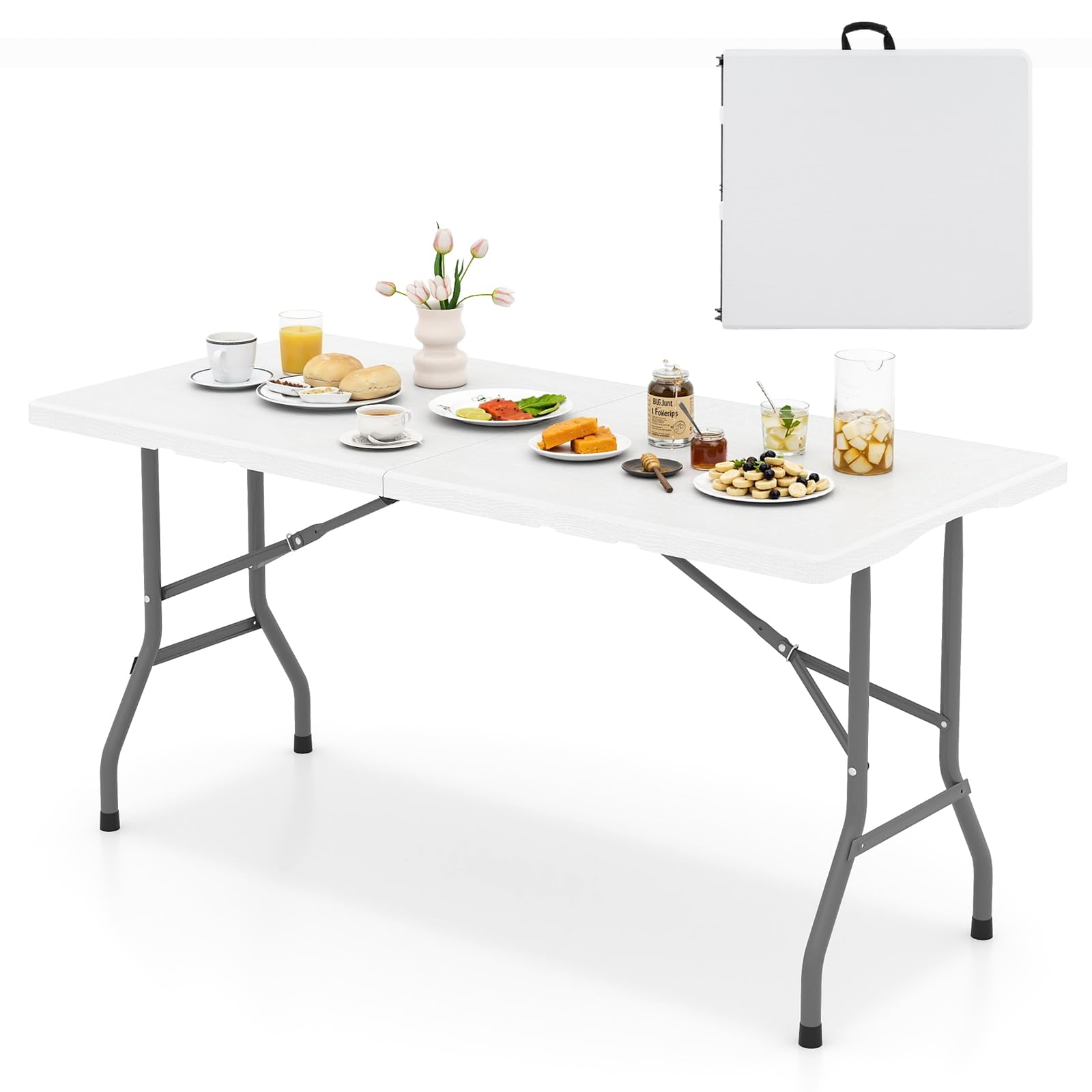 COSTWAY Table de Camping Pliante de 152 cm, Table de Pique-Nique pour 4 à 6 Personnes Plateau en PEHD Poignée de Transport, pour Camping Barbecue Fête (Blanc)