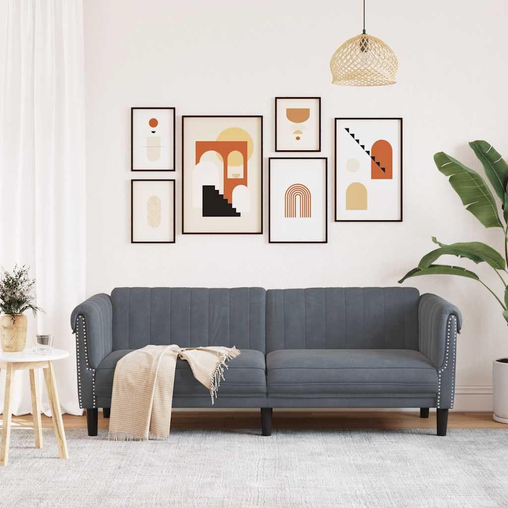 Sofá de 3 plazas de terciopelo gris oscuro, diseño moderno con tela suave y patas estables para la comodidad del salón