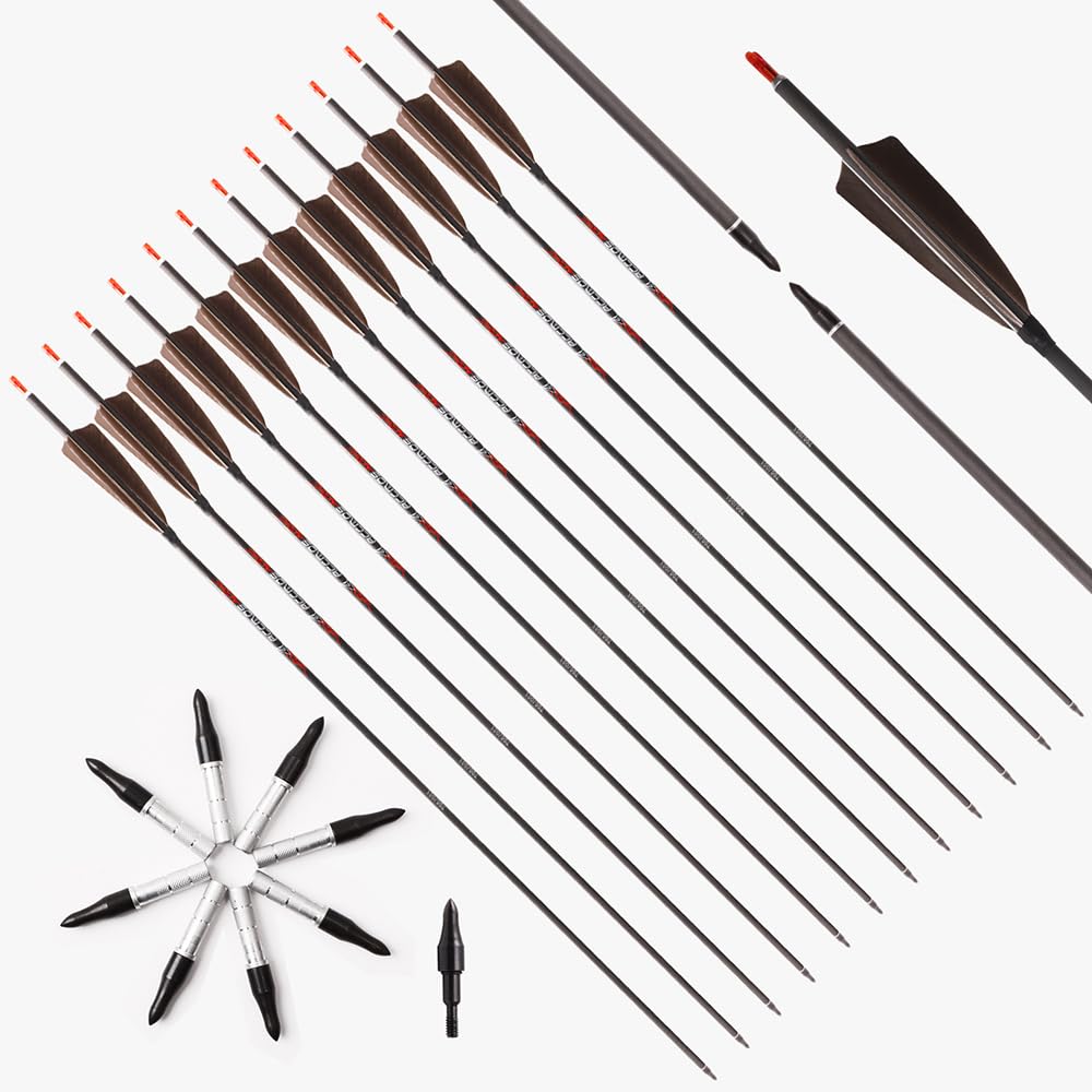 12 Piezas Plumas Marrones Flechas Spine 200 250 300 350 400 500 600 700 800 ID 6,2 mm Flecha de Caza, Pluma de Pavo de 4 Pulgadas, para Tiro con Arco