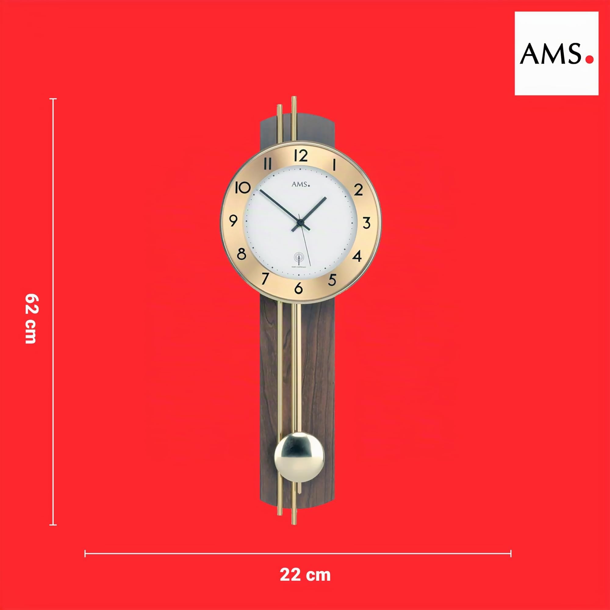 AMS 5266/1 Wanduhr - mit Funkpendelwerk, Elegante Funkpendeluhr, Uhr mit Pendel, Funkwanduhr mit arabischen Ziffern, Mineralglas, Pendeluhr für Wohnzimmer & Büro, Nussbaumoptik, Maße: 22 x 62 x 8 cm