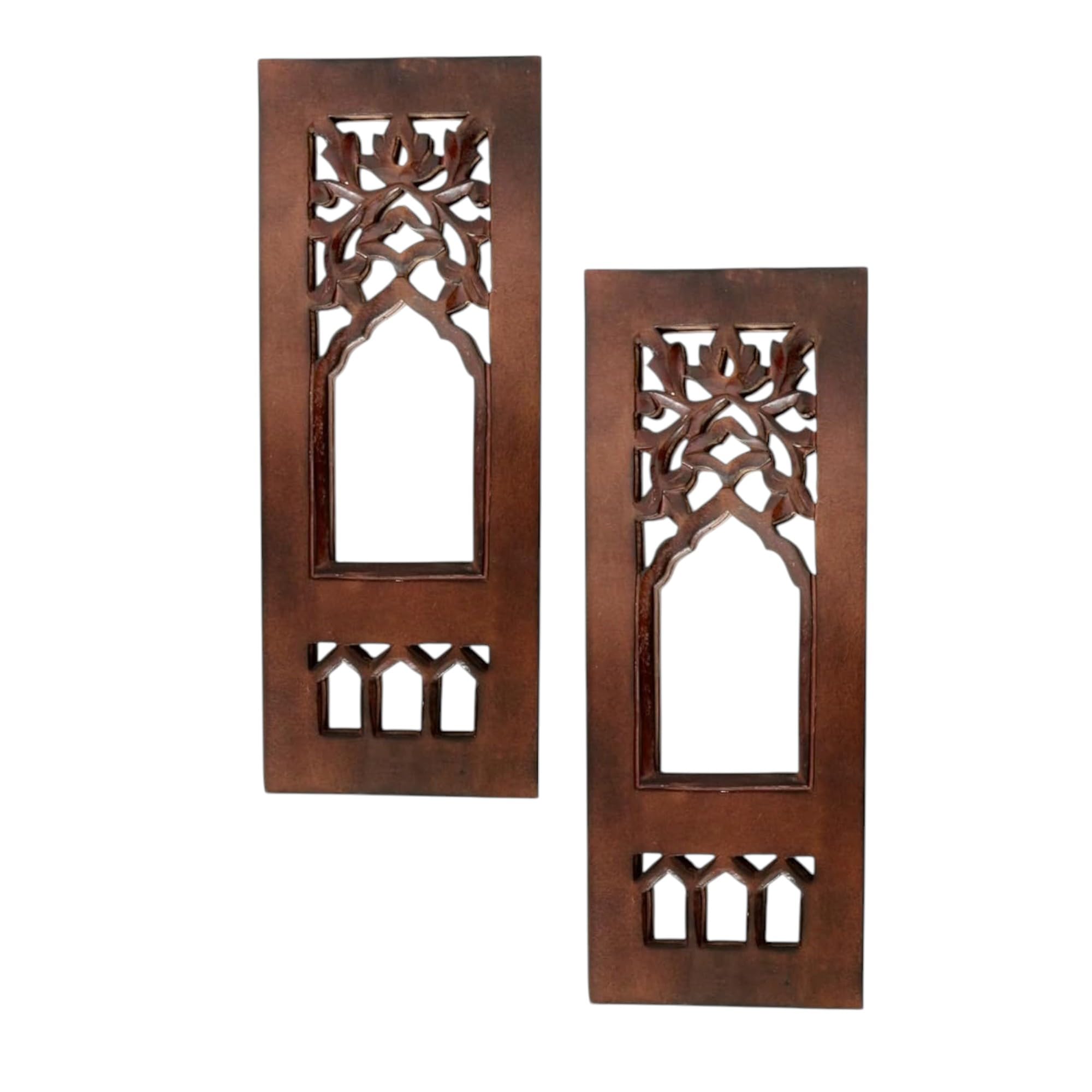 attraction wood carving wooden wall panel set of 2 | arch design decorative wall art for living room & bedroom décor -brown