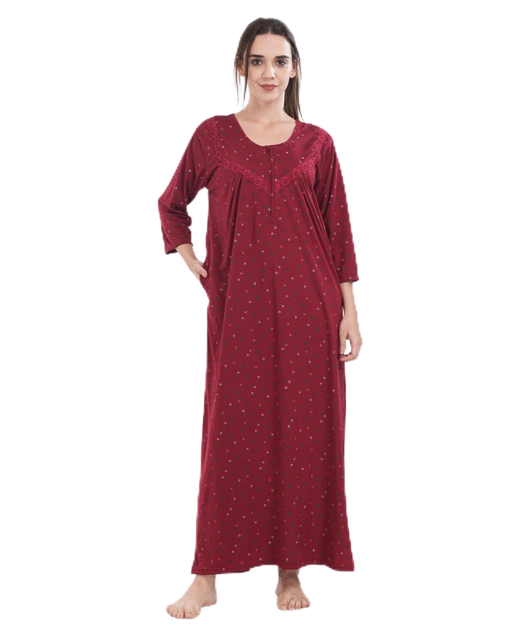 Women's Sleeve Floral Printed Sinker Cotton Nighty/Maxi/Nightwear/Nightgown/Gown with Front Zipper | Soft & Breathable Nightwear-image-7