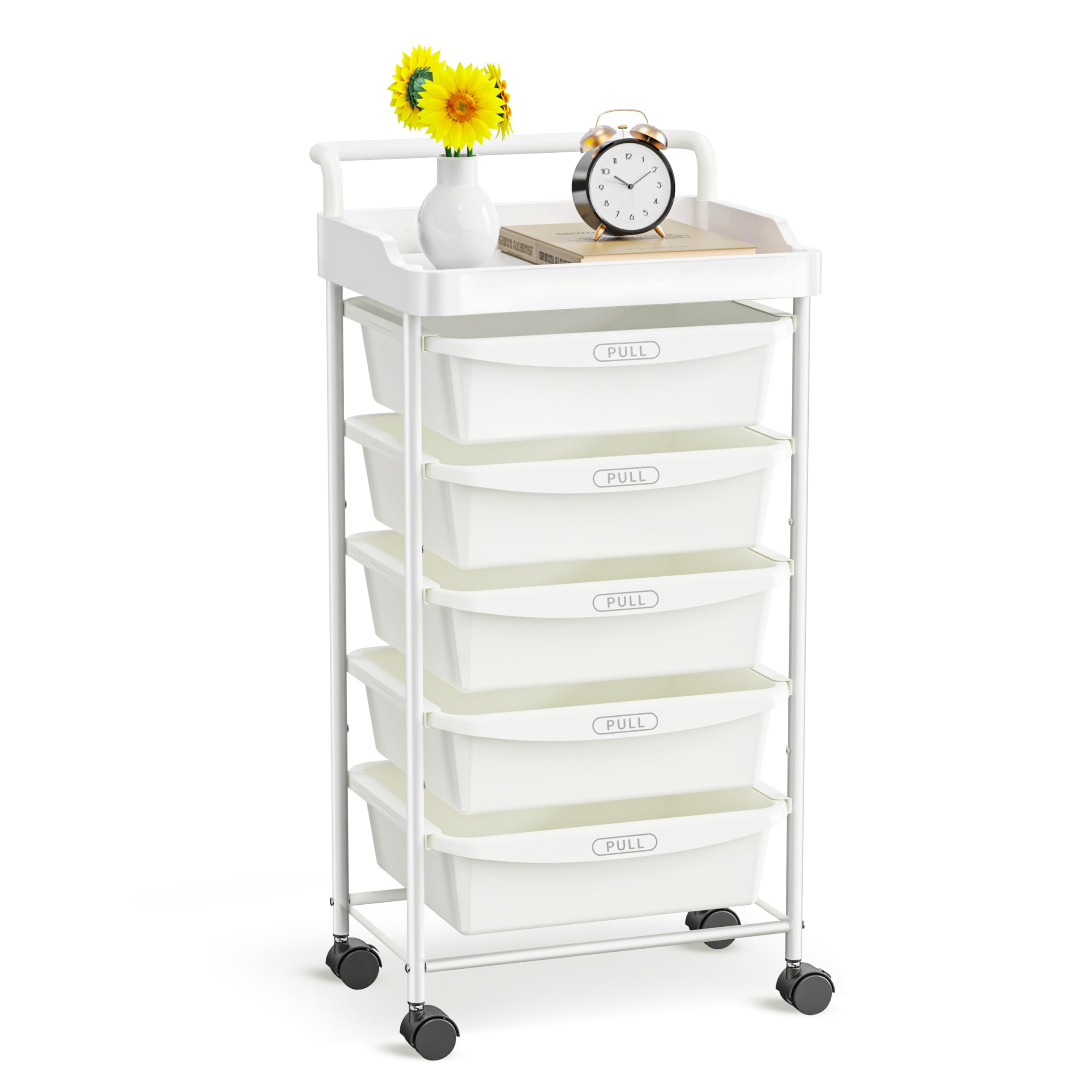 Carrello a 5 Cassetti con Ruote e Ripiani Mobile Salvaspazio Multifunzionale Storage Rack Bagno Cucina per Portavivande Portafrutta (Bianco)