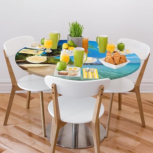 Vista 235 de Mantel redondo ajustable con borde elástico, mantel de hojas coloridas abstractas, impermeable, lavable, para mesas redondas, ideal para picnic