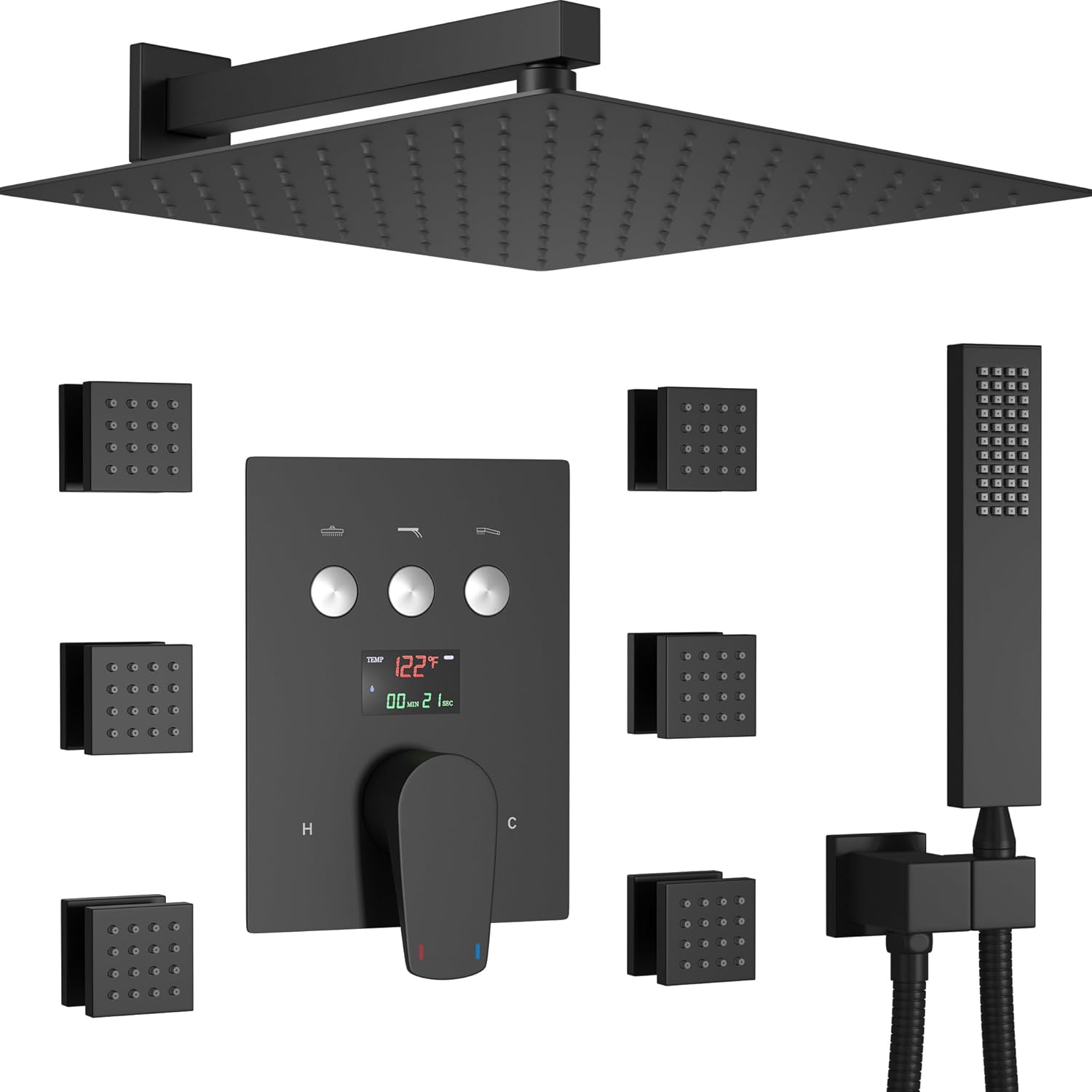 WHSHOWER Matte Black Shower System 12 inch Wall Mounted Shower Faucet Set Temperature Display