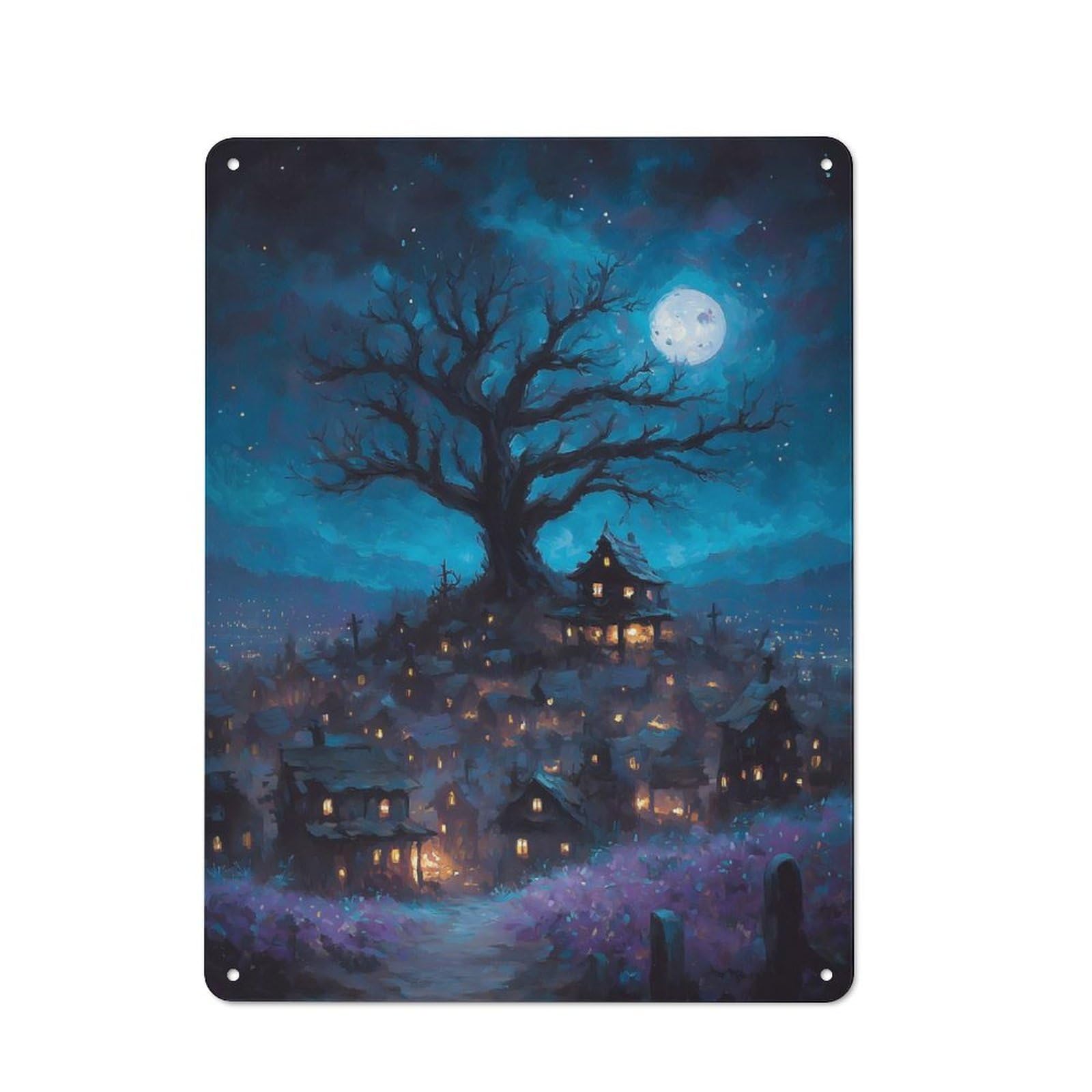 Junmoney Eerie Village Under Moonlight Vintage Metal Sign 40X30cm, Bistro Style Shop Wall Decor For Tea Room, Shop Wall Or Breakfast Area