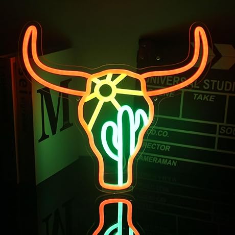 Bull Cactus Sun, Neon Sign, Texas Longhorn Bull Neon Lights for Bedroom