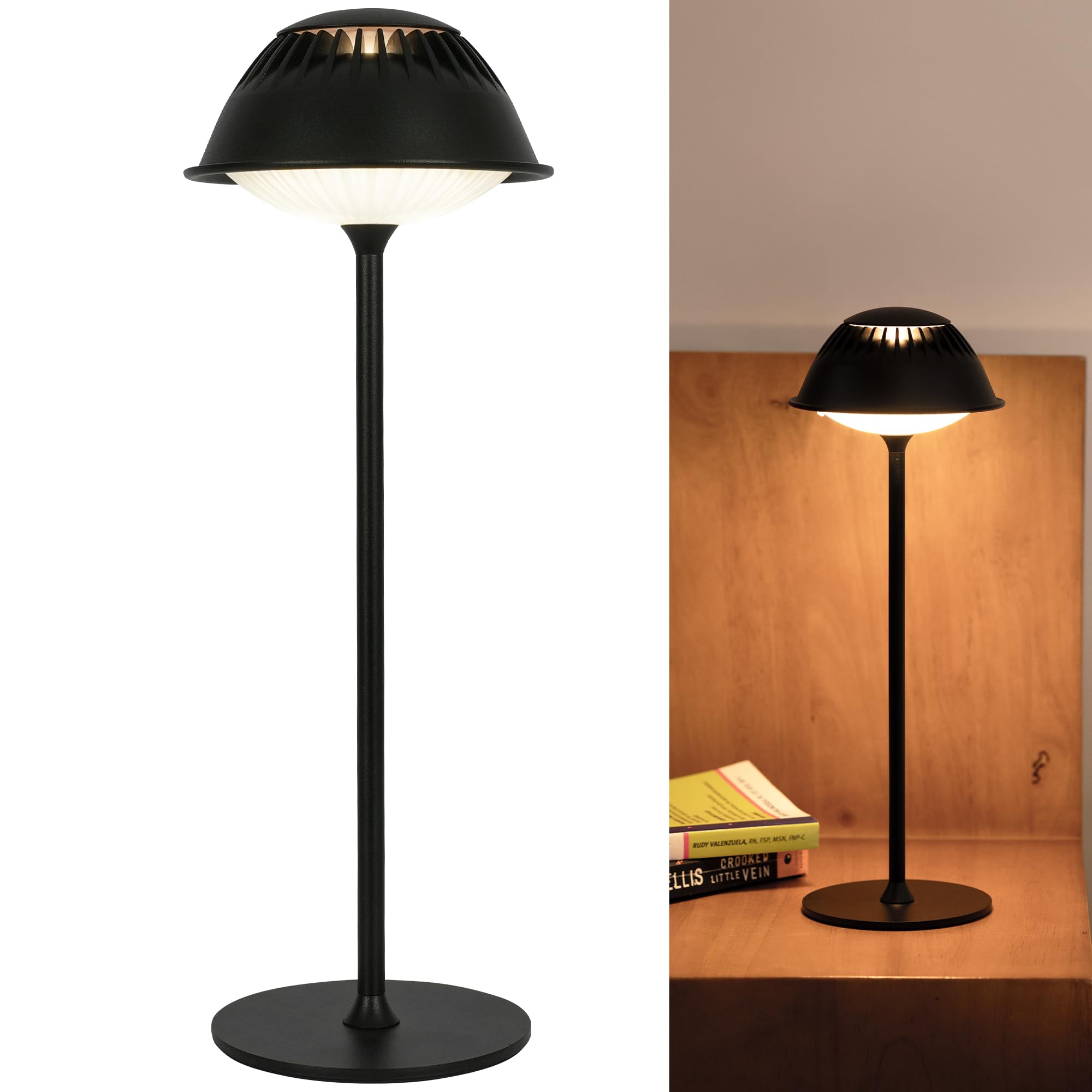 LuminexDesigns Wireless LED Table Lamp Vintage - Industrial Black Matte Metal Design, Touch Dimmable, Waterproof Table Lamp Battery for Bedside, Living Room, Study, Cafe, Bar, Outdoor