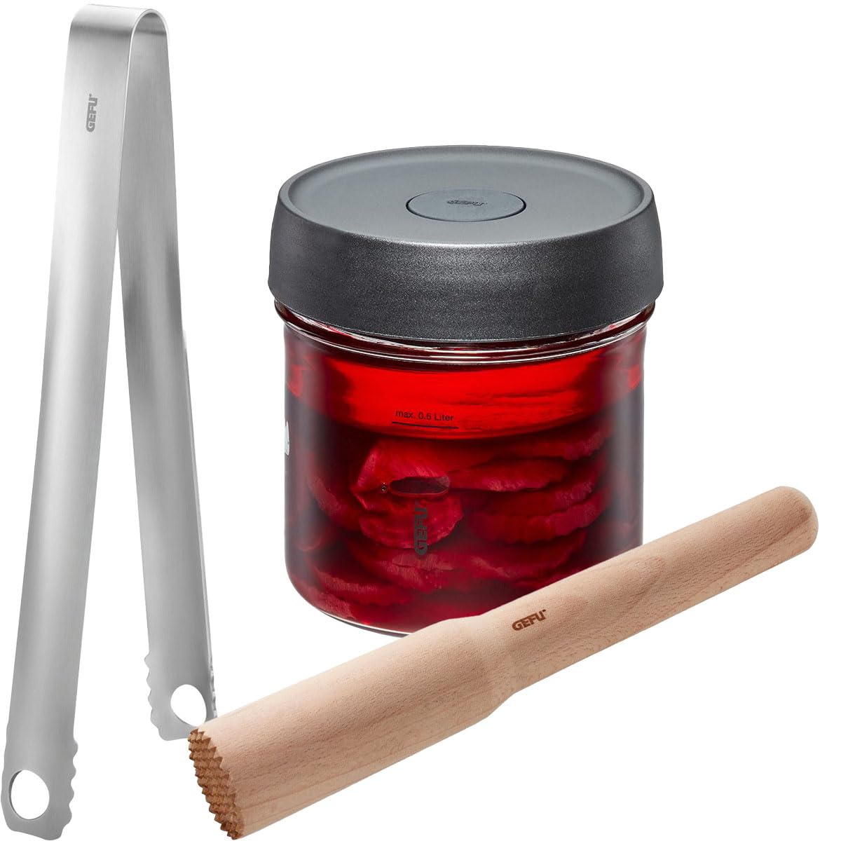 GEFU Set: Fermentierglas NATIVO, 0,5 l + Küchenzange und Stößel NATIVO
