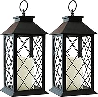 BrightZeal 2-Pack 13.5" Black Vintage LED Candle Lanterns with 6Hr Timer - IP44 Waterproof Battery Hanging Patio Tabletop Lights