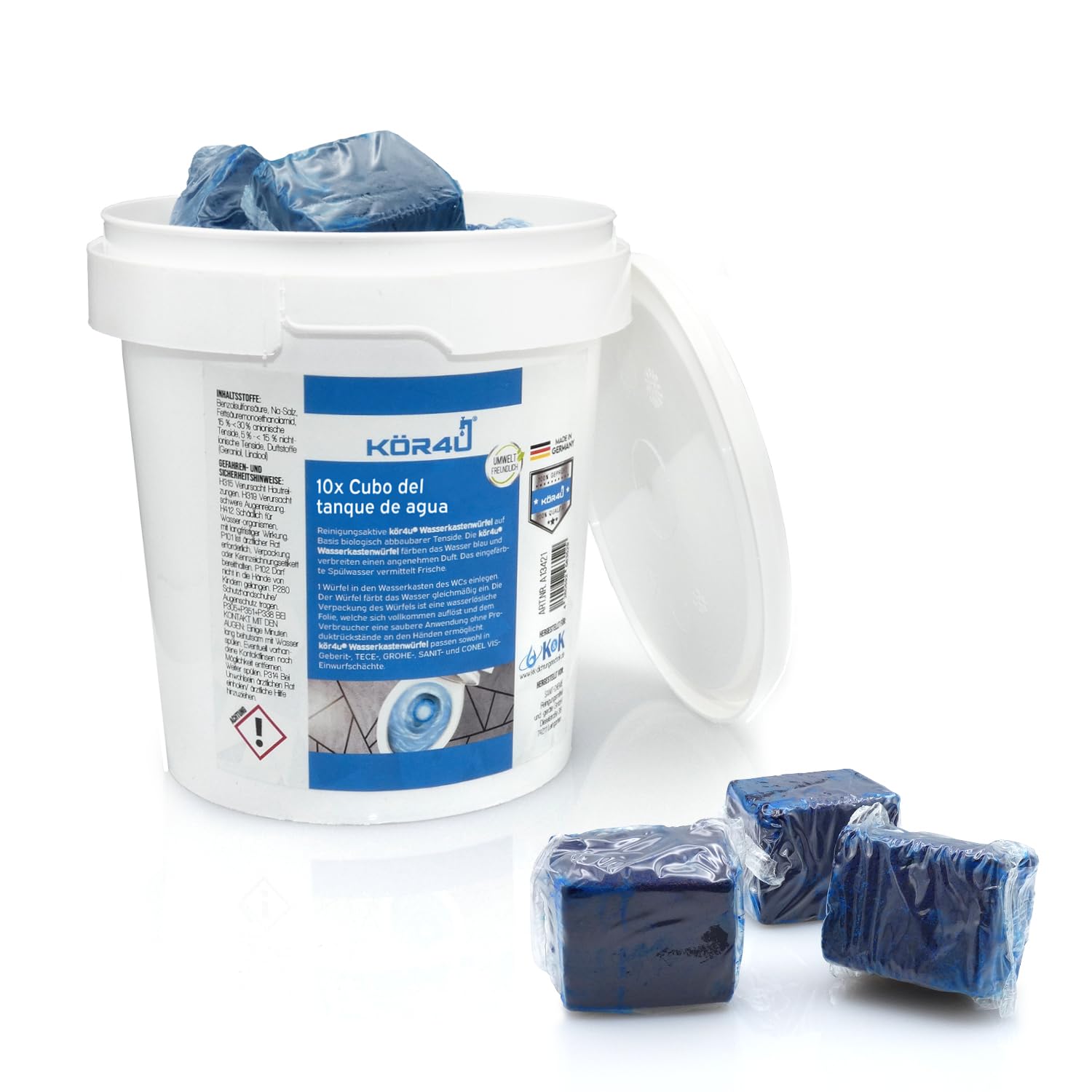kör4u Cubo de agua – 10 pastillas de inodoro azules, frescas, autoactivas, antical y depósitos, ecológicas y biodegradables