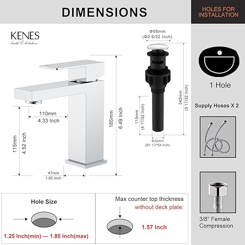 Miniatura 6 de KENES Grifo de baño cromado Grifo de lavabo de baño de una sola manija Grifo de tocador con desagüe emergente y líneas de suministro de agua