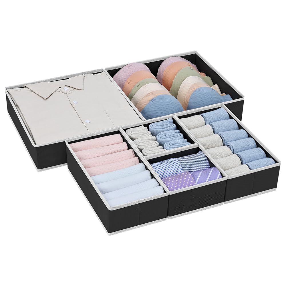 Homsorout Foldable Drawer Organiser Clothes - Fabric Dresser Underwear Organizer Closet Storage Cubes for Clothing, Bras, T-shirts, Socks, Panties, Cosmetics, Set of 6 (Black)