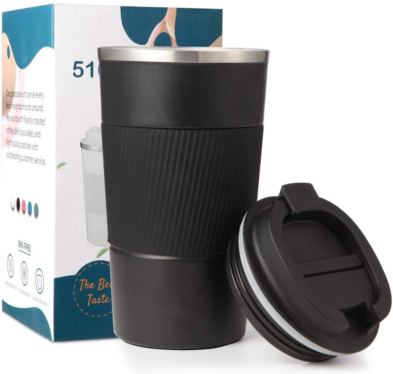 380ml Vacuum Insulated Coffee Tea Travel Mug Sipper Lid Double Walled Thermos Flask Silicon Grip Stainless Steel Leak Proof Travel Tumbler for Hot & Cold Drinks (Black)