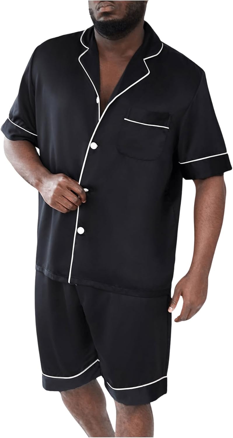 WDIRARA Men's Satin Pajamas Short Sleeve Button Up Top and Shorts Pj Lounge Set